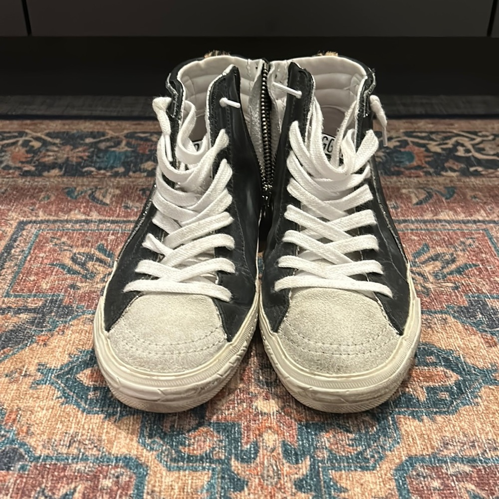 Golden Goose high tops. Suede toe and animal print hair backing. Glitter star.
